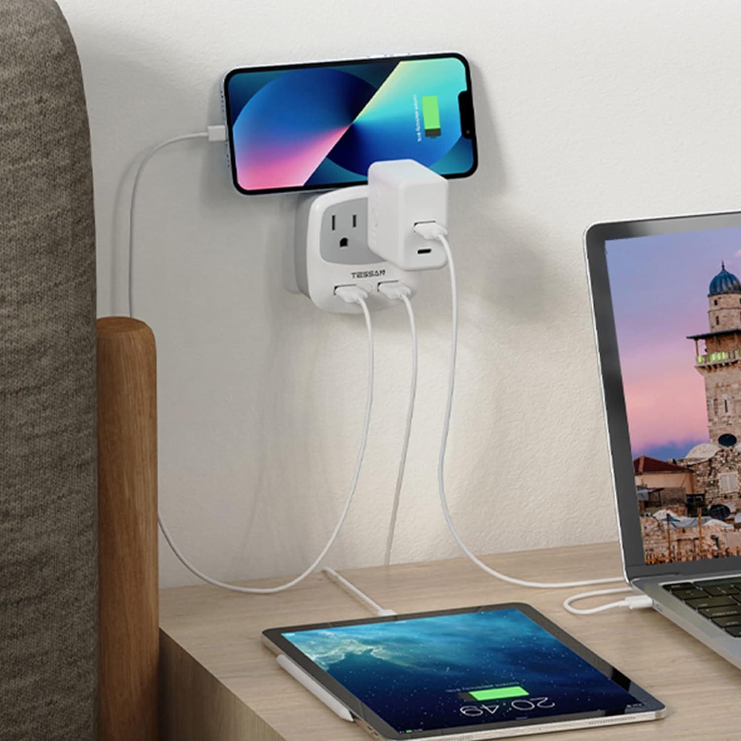 imageTESSAN Germany France Power Adapter Type E F Plug Adaptor with 2 USB Ports 2 AC Outlets US to European Europe German French Spain Greece Iceland Norway Russia Korea PolandGreyType EF