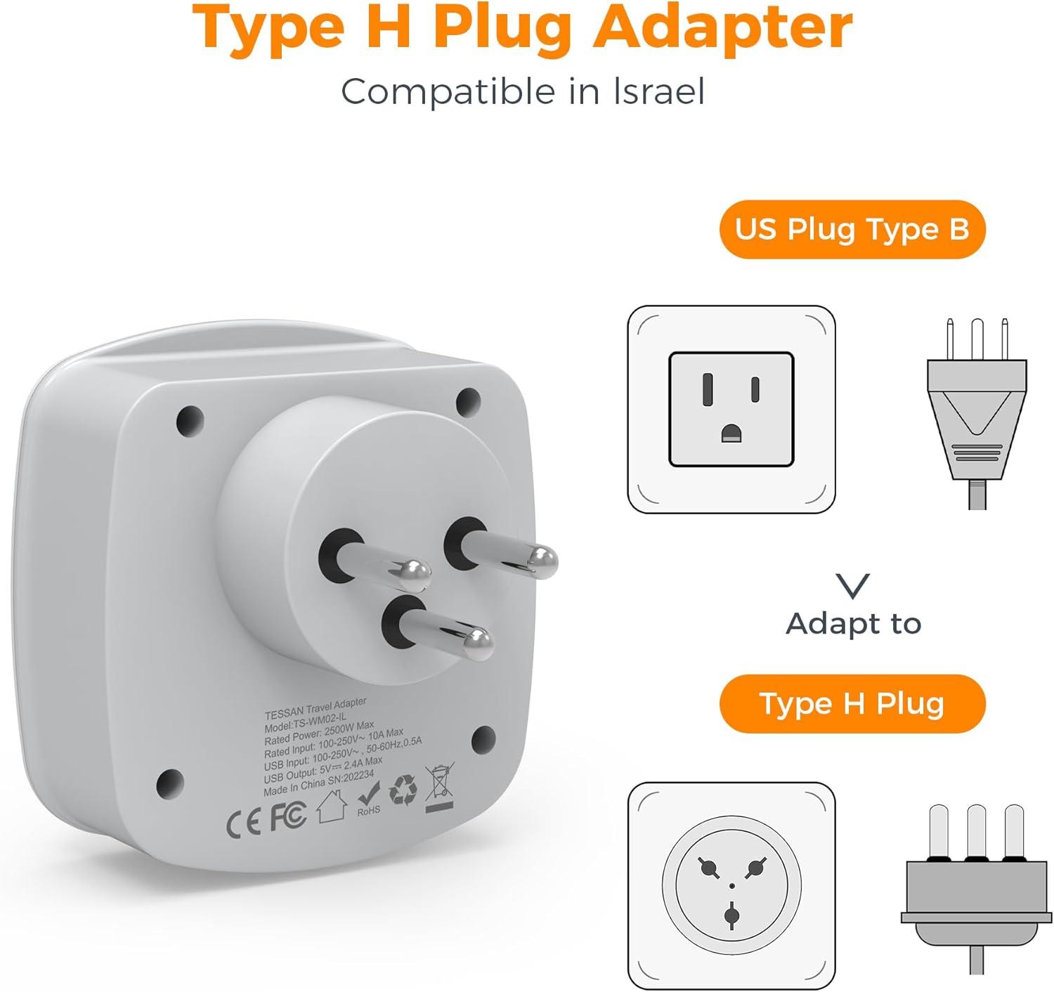 imageTESSAN Germany France Power Adapter Type E F Plug Adaptor with 2 USB Ports 2 AC Outlets US to European Europe German French Spain Greece Iceland Norway Russia Korea PolandwhitegreyType H