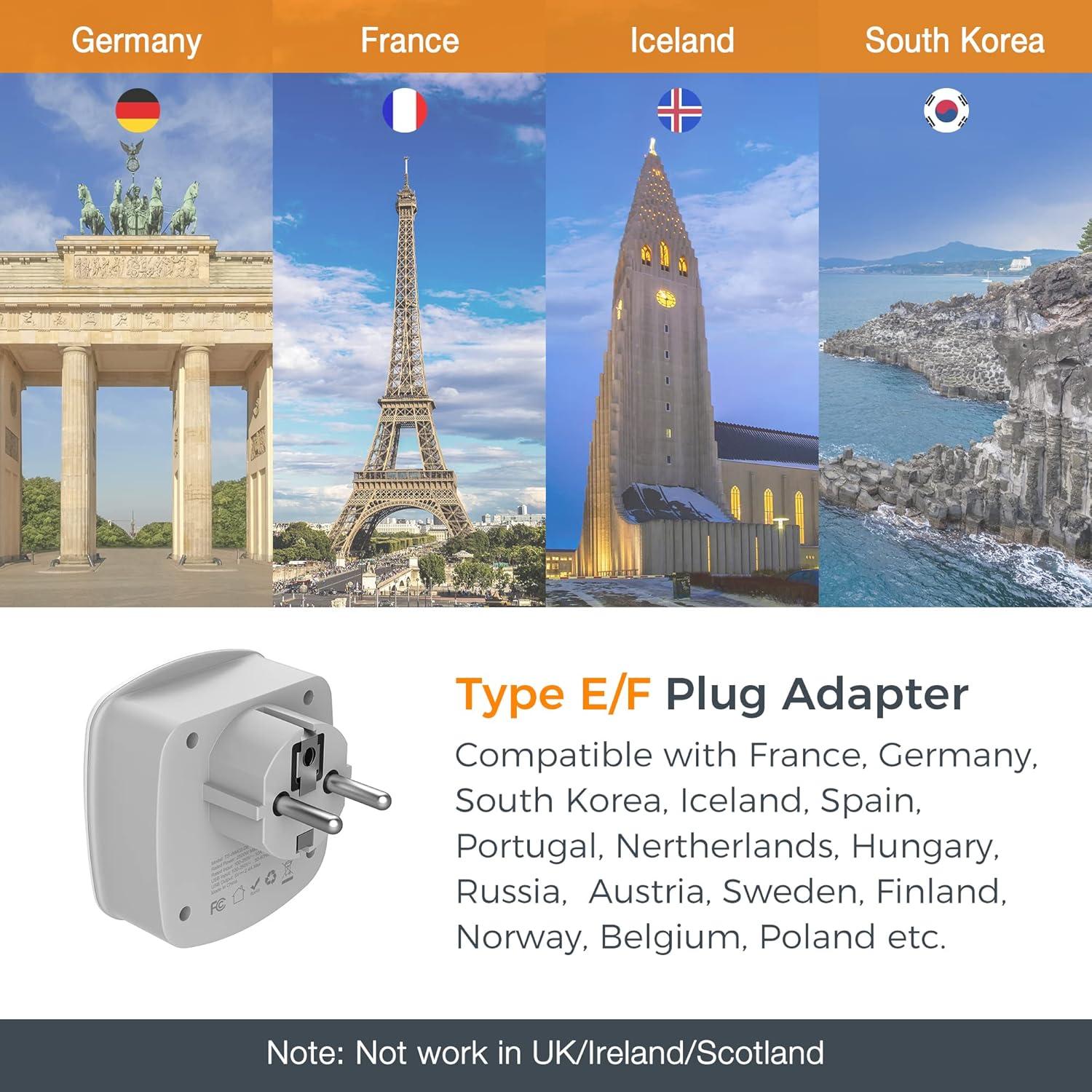 imageTESSAN Germany France Power Adapter Type E F Plug Adaptor with 2 USB Ports 2 AC Outlets US to European Europe German French Spain Greece Iceland Norway Russia Korea PolandGreyType EF