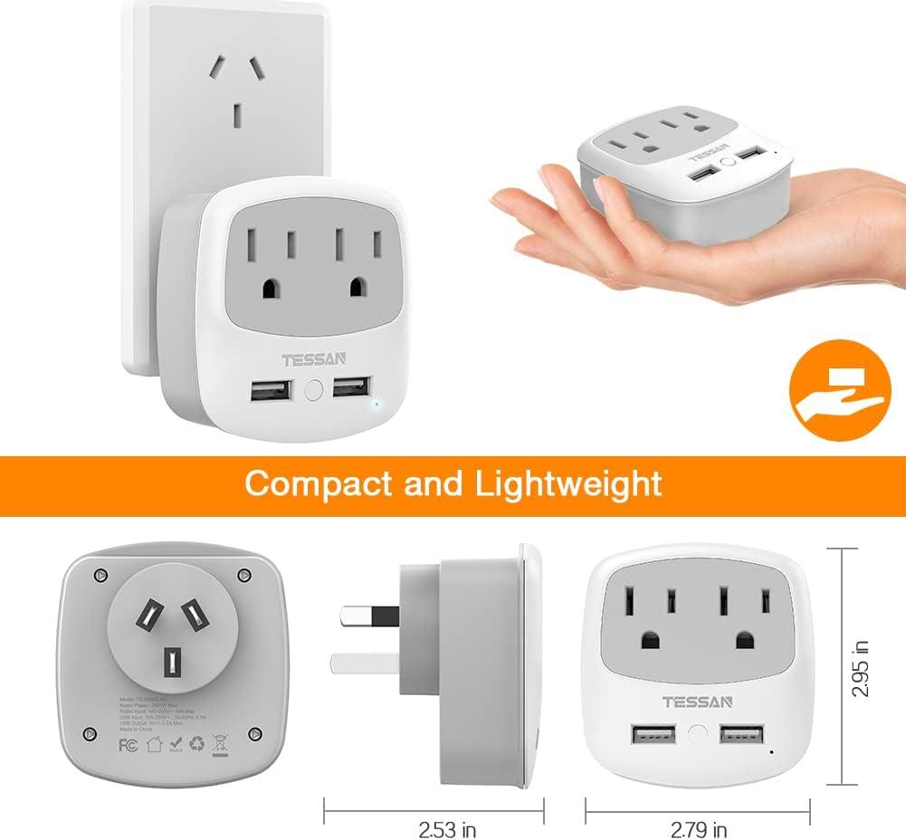 imageTESSAN Germany France Power Adapter Type E F Plug Adaptor with 2 USB Ports 2 AC Outlets US to European Europe German French Spain Greece Iceland Norway Russia Korea PolandGreyType I