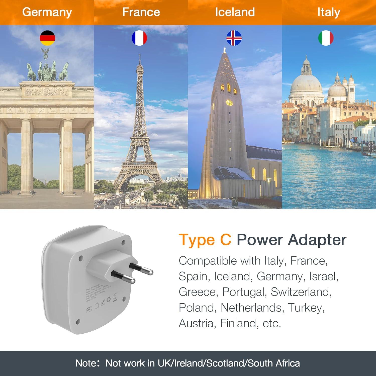 imageTESSAN Germany France Power Adapter Type E F Plug Adaptor with 2 USB Ports 2 AC Outlets US to European Europe German French Spain Greece Iceland Norway Russia Korea PolandGrayType C