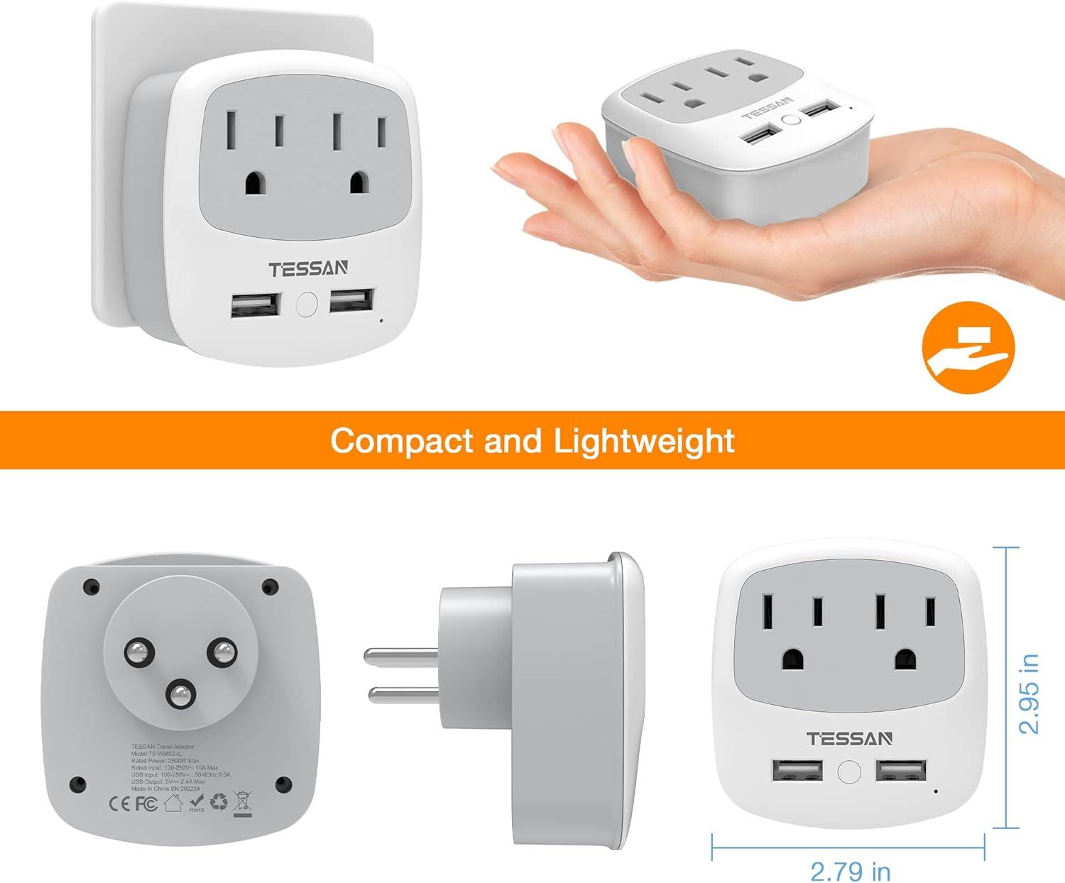 imageTESSAN Germany France Power Adapter Type E F Plug Adaptor with 2 USB Ports 2 AC Outlets US to European Europe German French Spain Greece Iceland Norway Russia Korea PolandwhitegreyType H