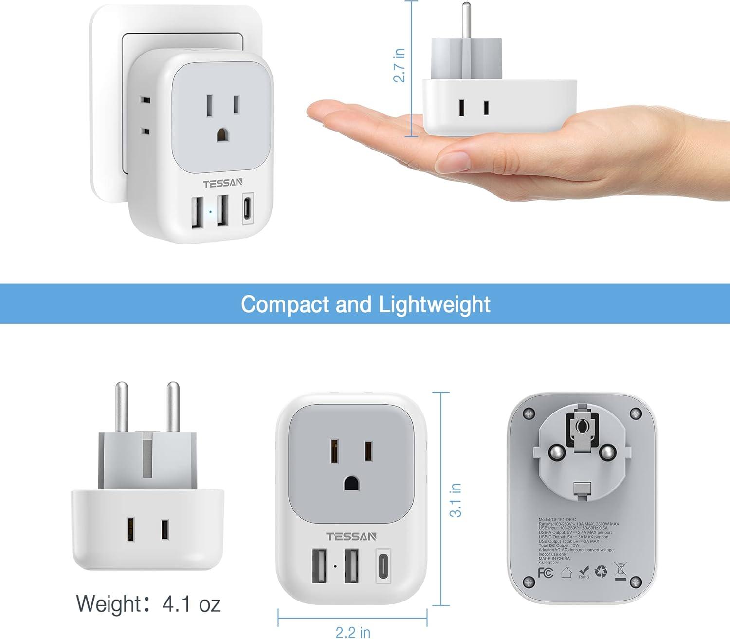 imageTESSAN Type E F Plug Adapter Germany France Power Adapter with 3 USB Ports1 USB C 4 AC Outlets Magnetic Portable Charger 10000mAh 20W Battery Pack for iPhone 15141312MiniProPro Max