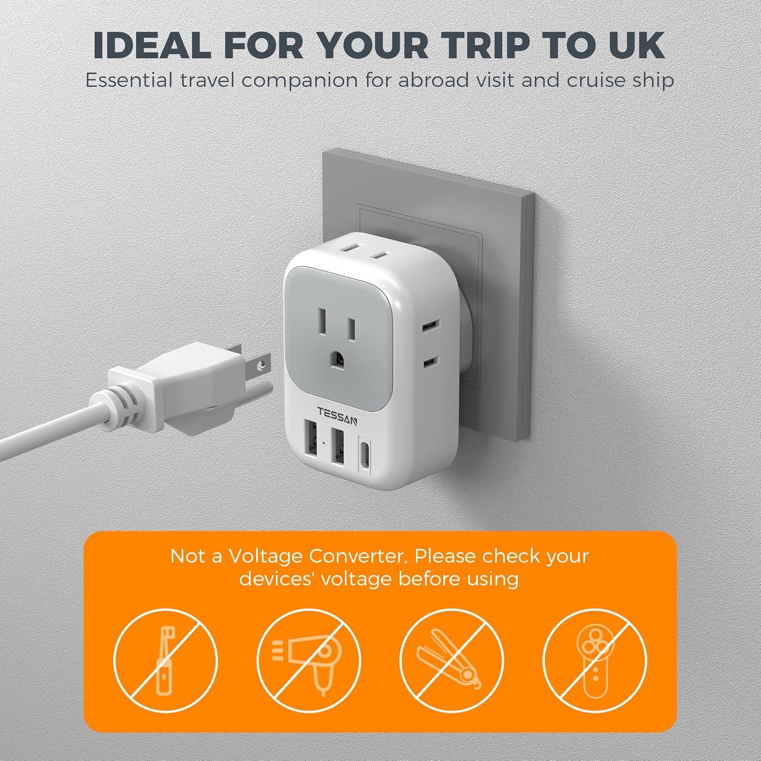 imageUS to UK Plug Adapter 3 Pack TESSAN Type G Travel Plug with 4 Outlets 3 USB Ports1 USB C Magnetic Portable Charger 10000mAh Battery Pack for iPhone 15141312MiniProPro Max