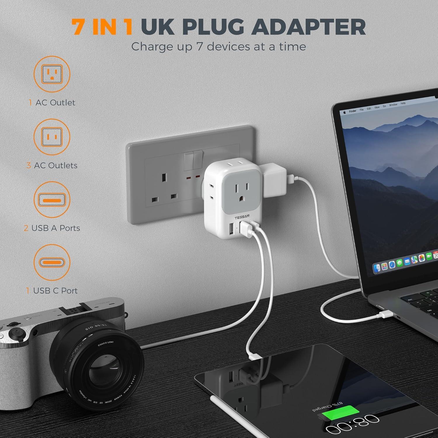 imageUS to UK Plug Adapter 3 Pack TESSAN Type G Travel Plug with 4 Outlets 3 USB Ports1 USB C Magnetic Portable Charger 10000mAh Battery Pack for iPhone 15141312MiniProPro Max