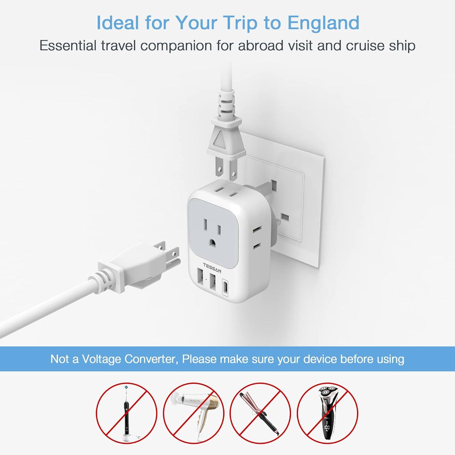 imageUS to UK Plug Adapter TESSAN Type G Travel Converter with 3 USB Charger1 USB C Port Magnetic Portable Charger 10000mAh Battery Pack for iPhone 15141312MiniProPro Max