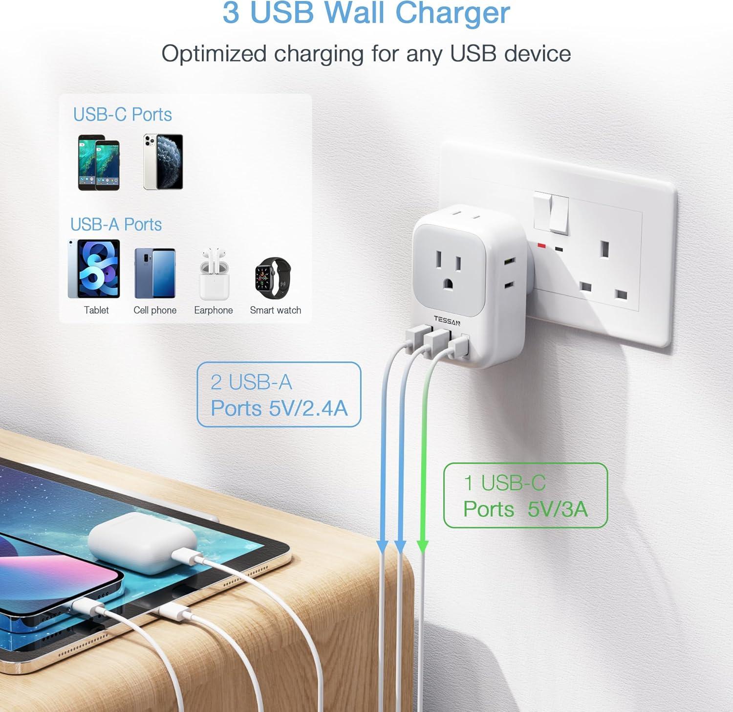 imageUS to UK Plug Adapter TESSAN Type G Travel Converter with 3 USB Charger1 USB C Port Magnetic Portable Charger 10000mAh Battery Pack for iPhone 15141312MiniProPro Max