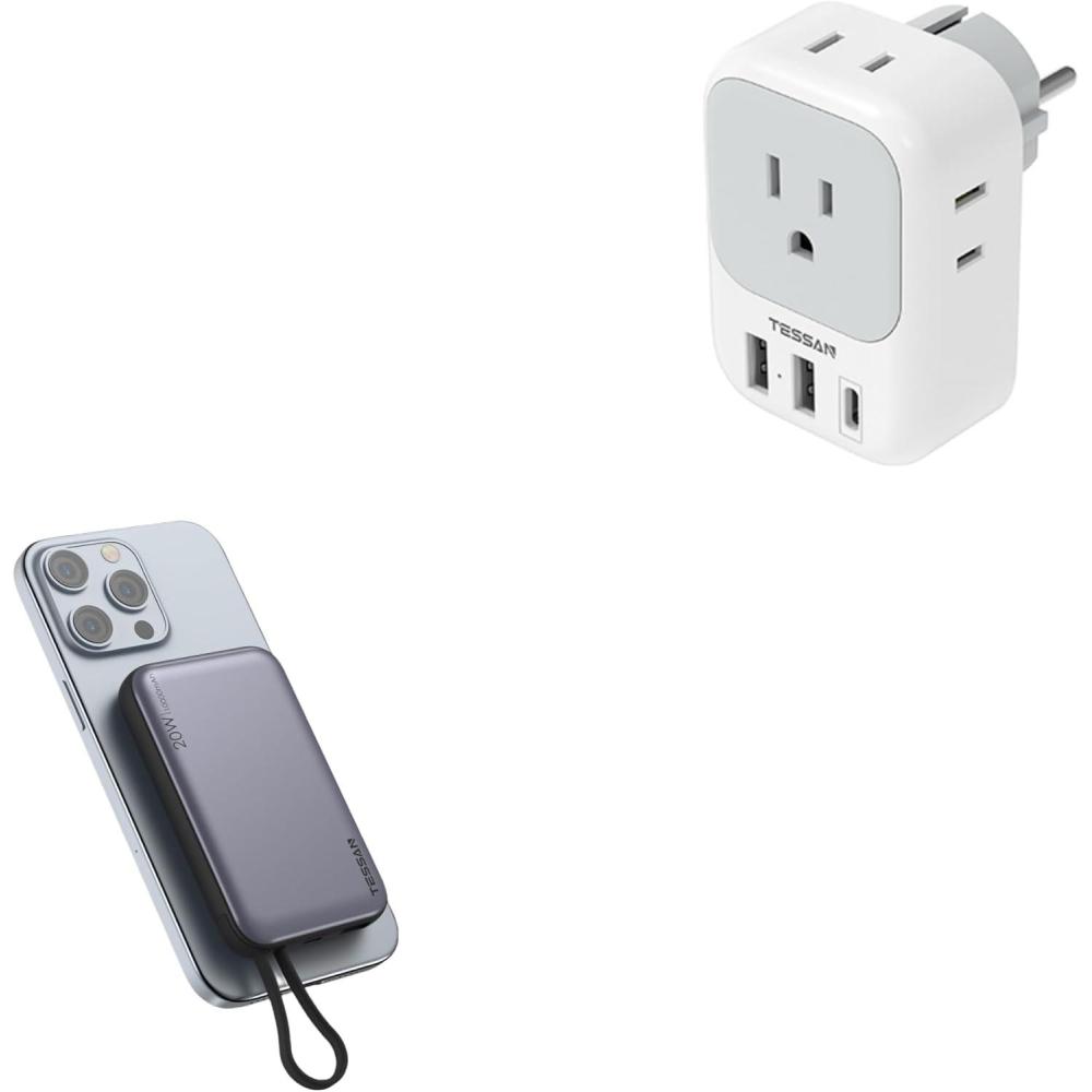 imageTESSAN Type E F Plug Adapter Germany France Power Adapter with 3 USB Ports1 USB C 4 AC Outlets Magnetic Portable Charger 10000mAh 20W Battery Pack for iPhone 15141312MiniProPro Max