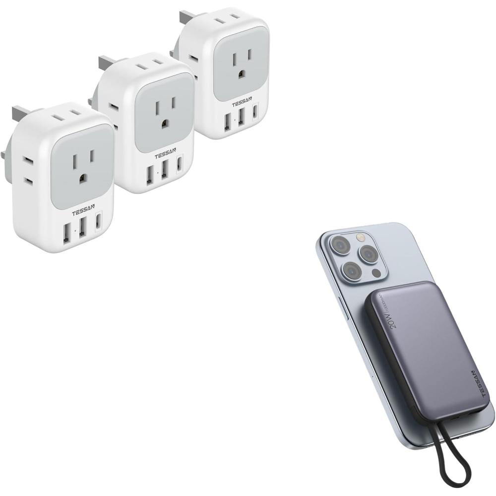 imageUS to UK Plug Adapter 3 Pack TESSAN Type G Travel Plug with 4 Outlets 3 USB Ports1 USB C Magnetic Portable Charger 10000mAh Battery Pack for iPhone 15141312MiniProPro Max