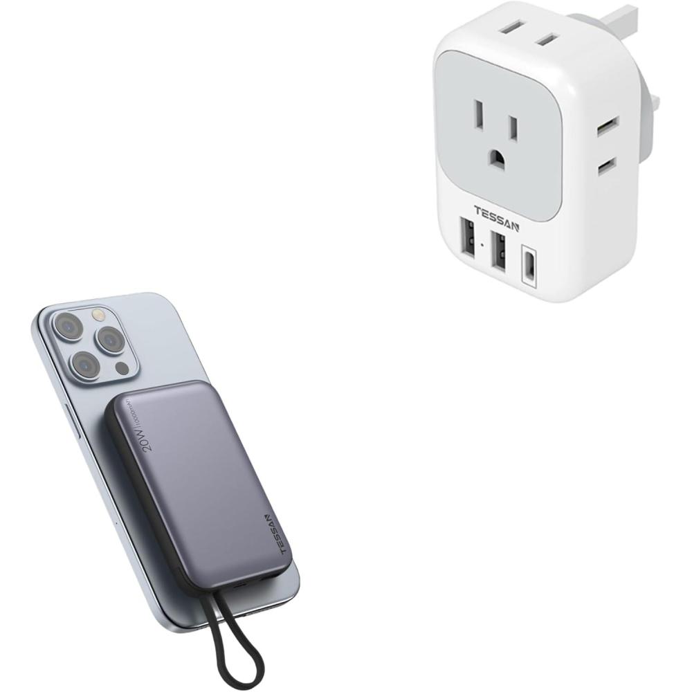 imageUS to UK Plug Adapter TESSAN Type G Travel Converter with 3 USB Charger1 USB C Port Magnetic Portable Charger 10000mAh Battery Pack for iPhone 15141312MiniProPro Max