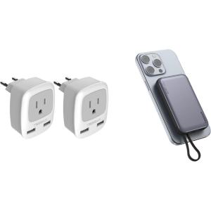 imageEuropean Travel Plug Adapter 2 Pack TESSAN International Power Outlet Adaptor with 2 USB Magnetic Portable Charger 10000mAh Battery Pack for iPhone 15141312MiniProPro Max