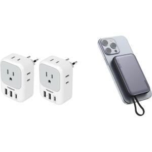 imageTESSAN 2 Pack European Travel Plug Adapter with 4 Outlets 3 USB Charger 1 USB C Port Magnetic Portable Charger 10000mAh 20W Fast Charging Battery Pack