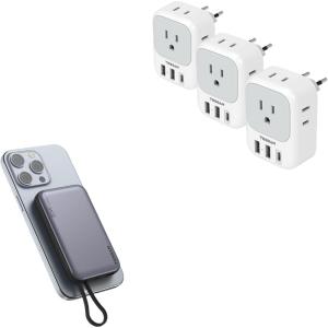 imageTESSAN 3 Pack European Travel Plug Adapter USB C US to Europe Power Adapter with 4 AC Outlets and 3 USB 1 USB C Magnetic Portable Charger 10000mAh 20W Fast Charging Battery Pack with USBC