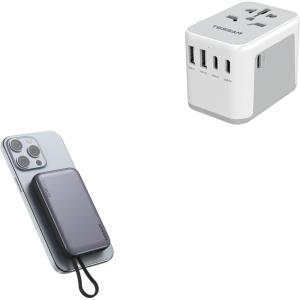 imageTESSAN Universal Travel Adapter International Power Adapter 56A 3 USB C 2 USB A Ports Magnetic Portable Charger 10000mAh 20W Fast Charging Battery Pack for iPhone 15141312MiniProPro Max