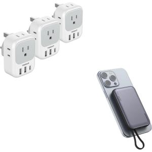 imageUS to UK Plug Adapter 3 Pack TESSAN Type G Travel Plug with 4 Outlets 3 USB Ports1 USB C Magnetic Portable Charger 10000mAh Battery Pack for iPhone 15141312MiniProPro Max