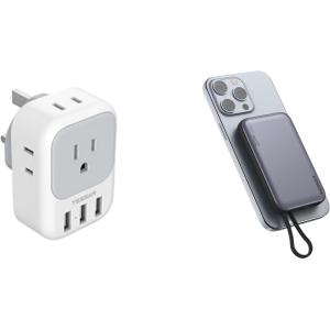 imageUS to UK Plug Adapter TESSAN Type G Ireland Travel Adapter with 4 Electrical Outlet 3 USB Charger Magnetic Portable Charger 10000mAh Battery Pack for iPhone 15141312MiniProPro Max