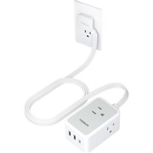 imageTESSAN Small Flat Plug Power Strip with 1 PD20W Retractable USB C Cable 5 ft Ultra Thin Extension Cord with 3 AC Outlets 3 USB Ports 5 ft Slim Plug for Cruise Ship Travel Dorm Home OfficeGray