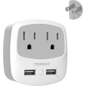 imageTESSAN US to Japan Plug Adapter 2 Prong to 3 Prong Outlet Adapter with Two AC Outlets 2 USB Ports Travel Power Adaptor for USA to Japanese Tokyo Canada Mexico Philippines Peru Colombia Type AwhitegreyType A