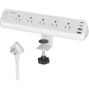 imageTESSAN Desk Clamp Power Strip 6 FT Surge Protector Power Strip with 5 AC Outlets 2 USB C and 2 USB A Ports 2100J Surge Protection Office Dorm Room Essentials GreyGrey