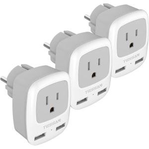 imageTESSAN Type F Plug Adapter 3 Pack Germany France Power Adapter with 2 USB Ports Outlet Adaptor for US to Most of Europe EU Spain Iceland German French Russia Korea Norway GreeceWhiteGreyType EF