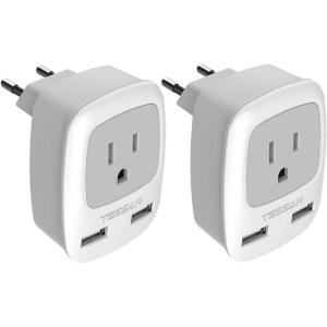 imageTESSAN Type F Plug Adapter 3 Pack Germany France Power Adapter with 2 USB Ports Outlet Adaptor for US to Most of Europe EU Spain Iceland German French Russia Korea Norway Greecegrey