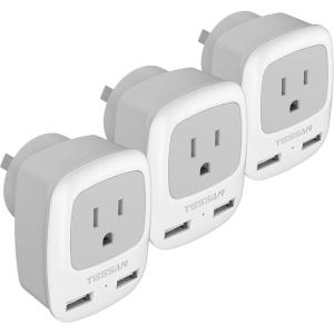 imageTESSAN Type F Plug Adapter 3 Pack Germany France Power Adapter with 2 USB Ports Outlet Adaptor for US to Most of Europe EU Spain Iceland German French Russia Korea Norway GreeceGreyWhiteType l