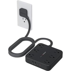 imageTESSAN Flat Plug Extension Cord 15 Ft 2100J Surge Protector Power Strip with 6 Outlets and 4 USB Ports 2 USB C PD 20W Fast Charger Multiple Charging Station for Home Office Dorm Room BlackBlack
