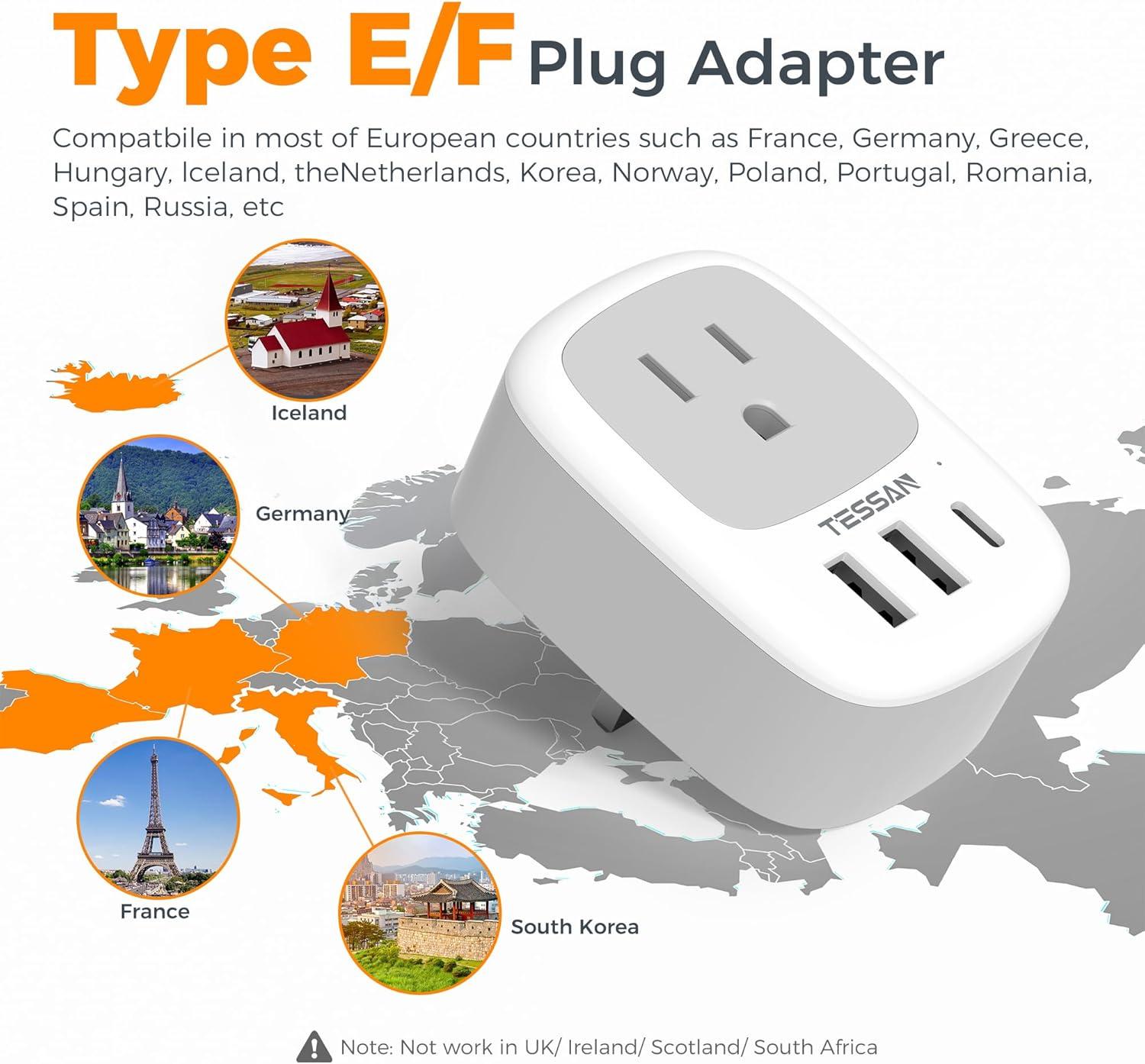 image2 Pack Type E F Plug Adapter TESSAN South Korea Outlet Adapter with 3 USB Ports 1 USB C Schuko Travel Plug for US to Europe EU Spain Germany France Iceland Greece Russia Norway
