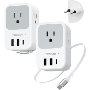 imageTESSAN European Travel Plug Adapter 2 Pack Builtin 20W Retractable USBC Cable Type C Power Adapter with 3 AC Outlets 4 USB Ports for US to Europe EU Italy Spain France Greece Iceland GermanyGrey white Type C
