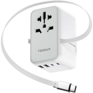 imageTESSAN International Power Adapter PD 25W Ultra Thin Universal Travel Adapter Worldwide Outlet Plug with 2 USB A 2 USB C for US to European UK Australia Ireland Type C G A I Blackgreywhite