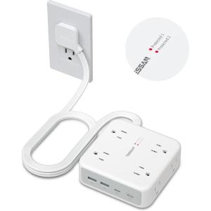 imageTESSAN Surge Protector Power Strip 5 Ft Extension Cord Flat Wall Plug with 4 USB 2 USB C 8 Outlets 2100J Protection 1875W 15A 20W Multiple Desk Charging Station for Home Office Dorm Room