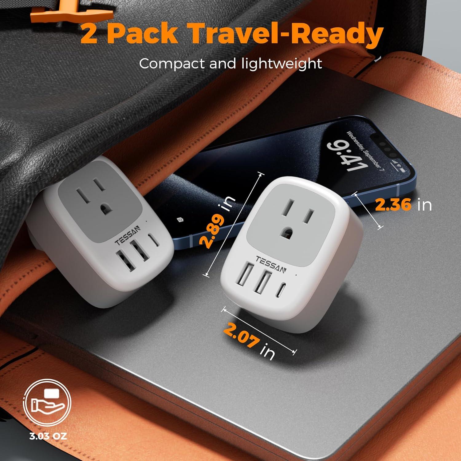 image2 Pack New Zealand Power Adapter TESSAN US to Australia Plug Adapter with 1 Electrical Outlet 3 USB Ports 1 USB C Type I Travel Outlet Adaptor for USA to Australian Argentina China Fiji AUwhite grey  Type I