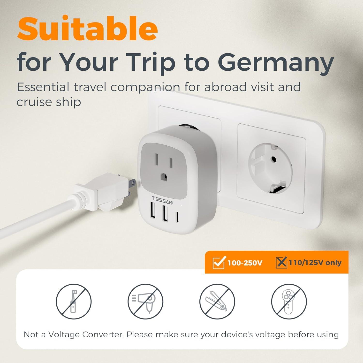 image2 Pack New Zealand Power Adapter TESSAN US to Australia Plug Adapter with 1 Electrical Outlet 3 USB Ports 1 USB C Type I Travel Outlet Adaptor for USA to Australian Argentina China Fiji AUgreywhite