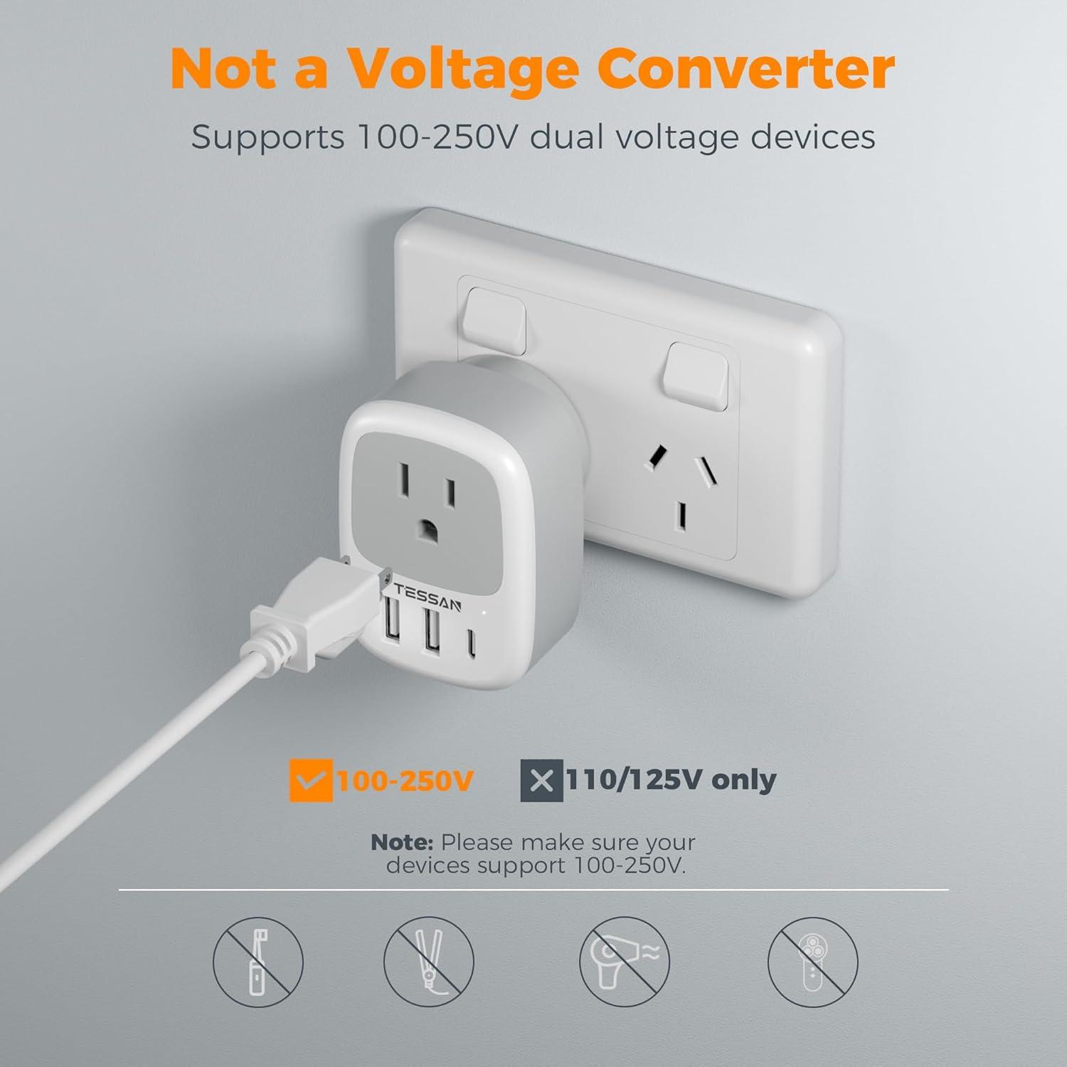 image2 Pack New Zealand Power Adapter TESSAN US to Australia Plug Adapter with 1 Electrical Outlet 3 USB Ports 1 USB C Type I Travel Outlet Adaptor for USA to Australian Argentina China Fiji AUwhite grey  Type I