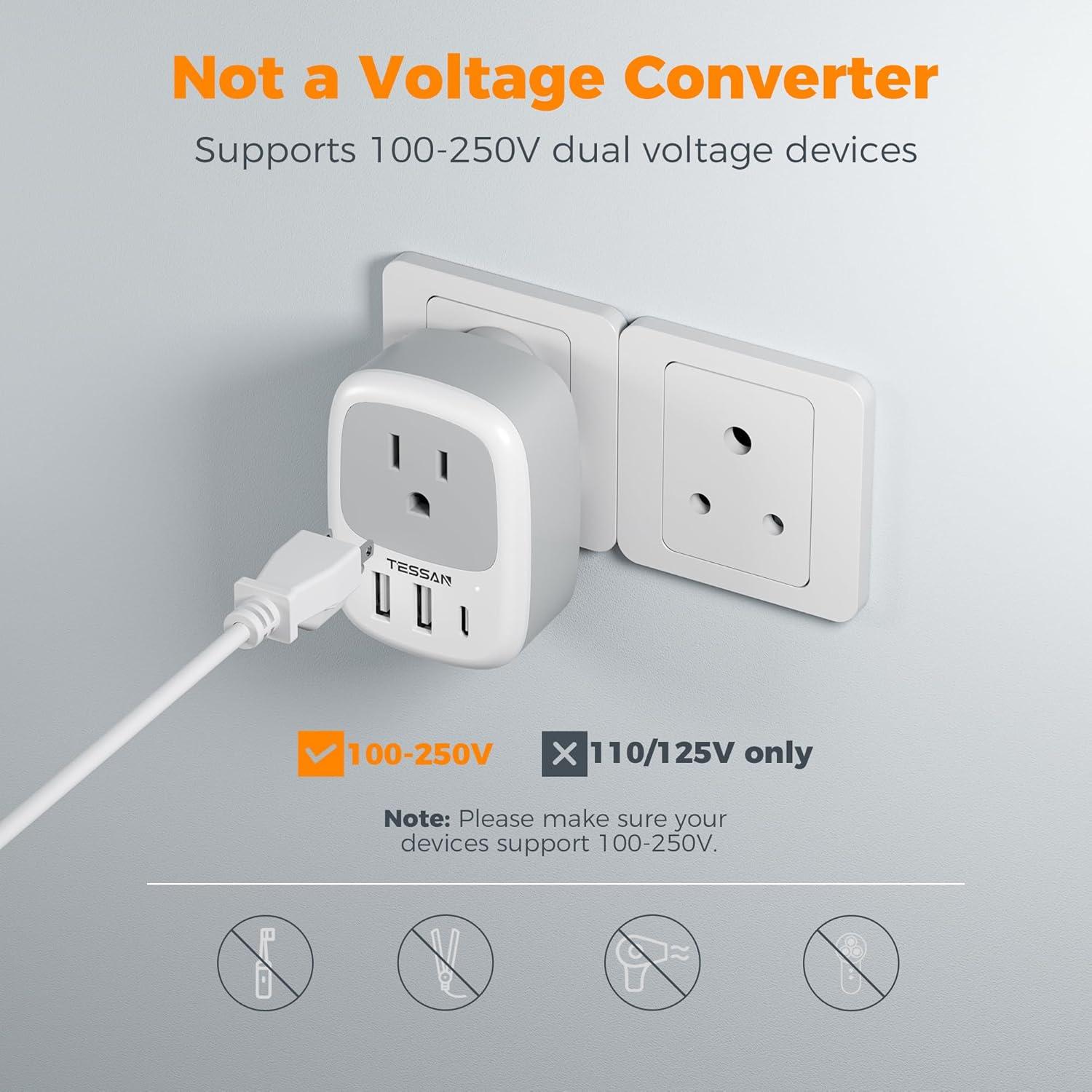 image2 Pack New Zealand Power Adapter TESSAN US to Australia Plug Adapter with 1 Electrical Outlet 3 USB Ports 1 USB C Type I Travel Outlet Adaptor for USA to Australian Argentina China Fiji AUwhite grey  Type D