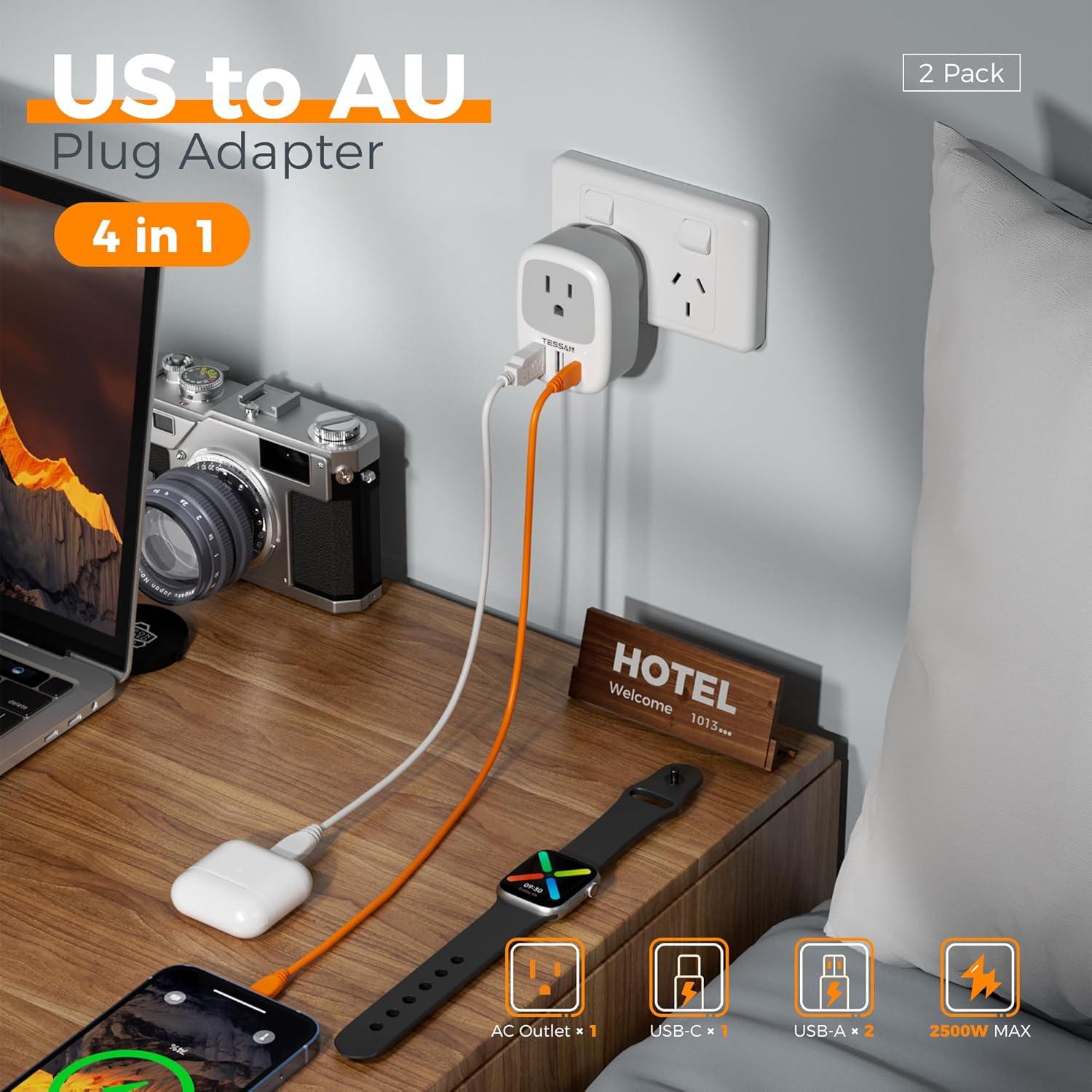 image2 Pack New Zealand Power Adapter TESSAN US to Australia Plug Adapter with 1 Electrical Outlet 3 USB Ports 1 USB C Type I Travel Outlet Adaptor for USA to Australian Argentina China Fiji AUwhite grey  Type I