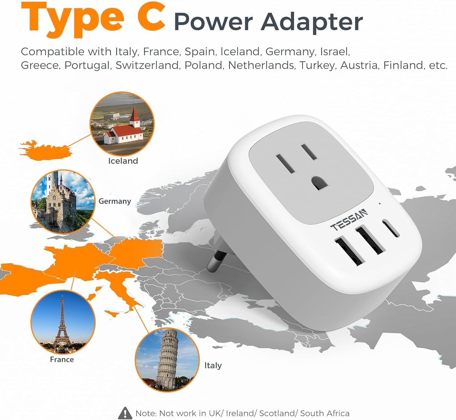 image2 Pack New Zealand Power Adapter TESSAN US to Australia Plug Adapter with 1 Electrical Outlet 3 USB Ports 1 USB C Type I Travel Outlet Adaptor for USA to Australian Argentina China Fiji AUwhite grey  Type C