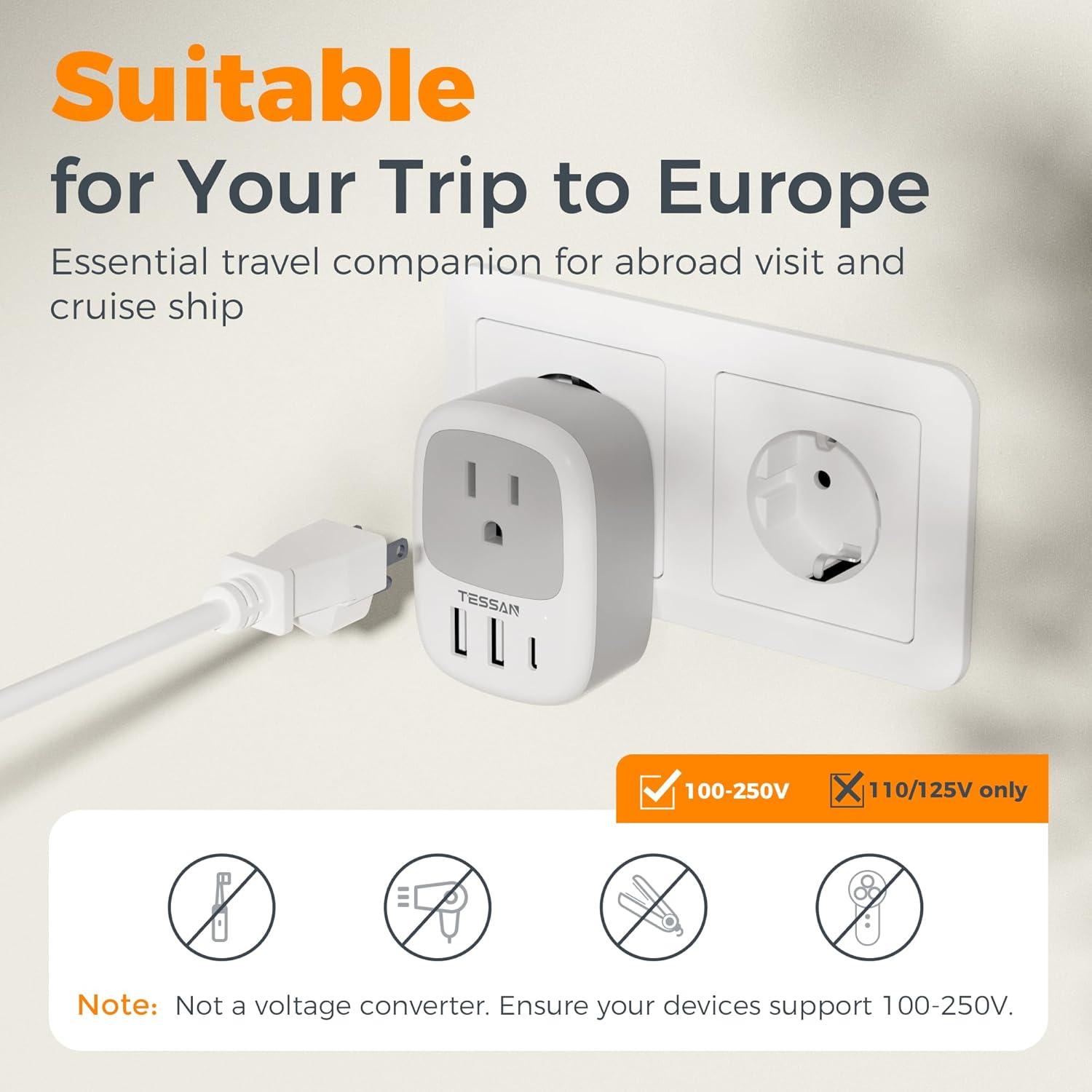image2 Pack New Zealand Power Adapter TESSAN US to Australia Plug Adapter with 1 Electrical Outlet 3 USB Ports 1 USB C Type I Travel Outlet Adaptor for USA to Australian Argentina China Fiji AUwhite grey  Type C