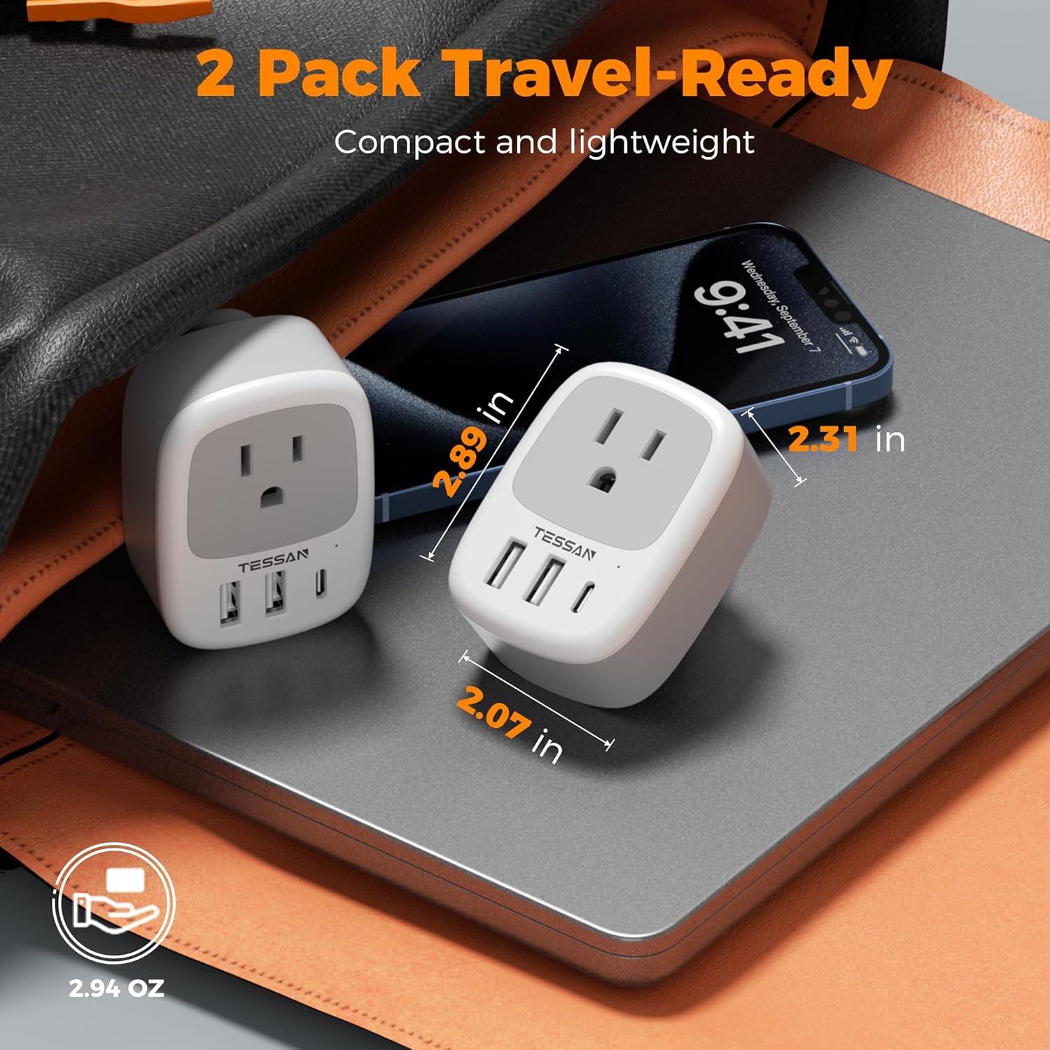 image2 Pack New Zealand Power Adapter TESSAN US to Australia Plug Adapter with 1 Electrical Outlet 3 USB Ports 1 USB C Type I Travel Outlet Adaptor for USA to Australian Argentina China Fiji AUwhite grey  Type D