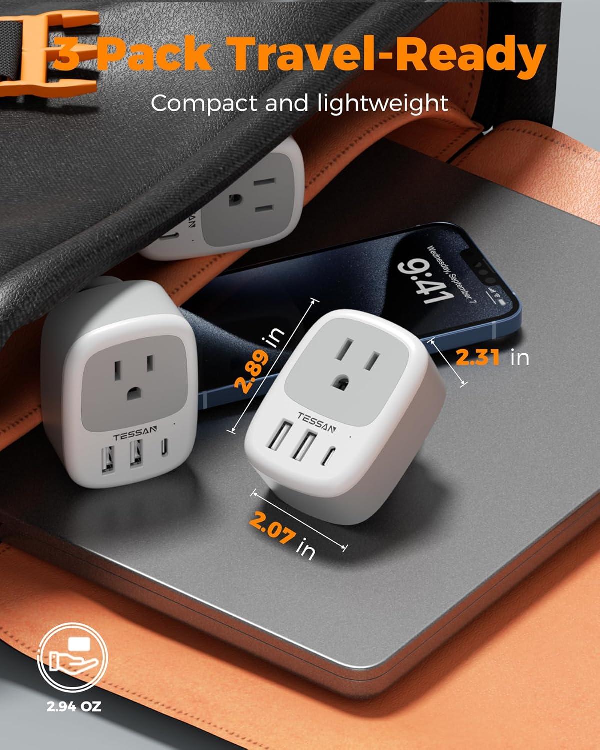 imageUS to India Plug Adapter 3 Pack TESSAN Type D Travel Adapter with 3 USB Ports 1 USB C Power Adaptor for US to India Nepal Maldives Pakistan Bangladesh Sri Lanka Bhutan YemenGreyWhiteType D