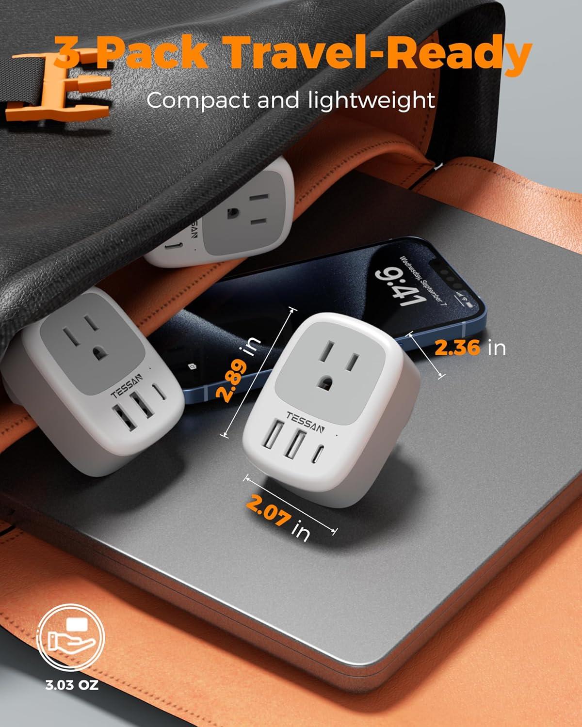 imageUS to India Plug Adapter 3 Pack TESSAN Type D Travel Adapter with 3 USB Ports 1 USB C Power Adaptor for US to India Nepal Maldives Pakistan Bangladesh Sri Lanka Bhutan YemenGreyWhiteType l