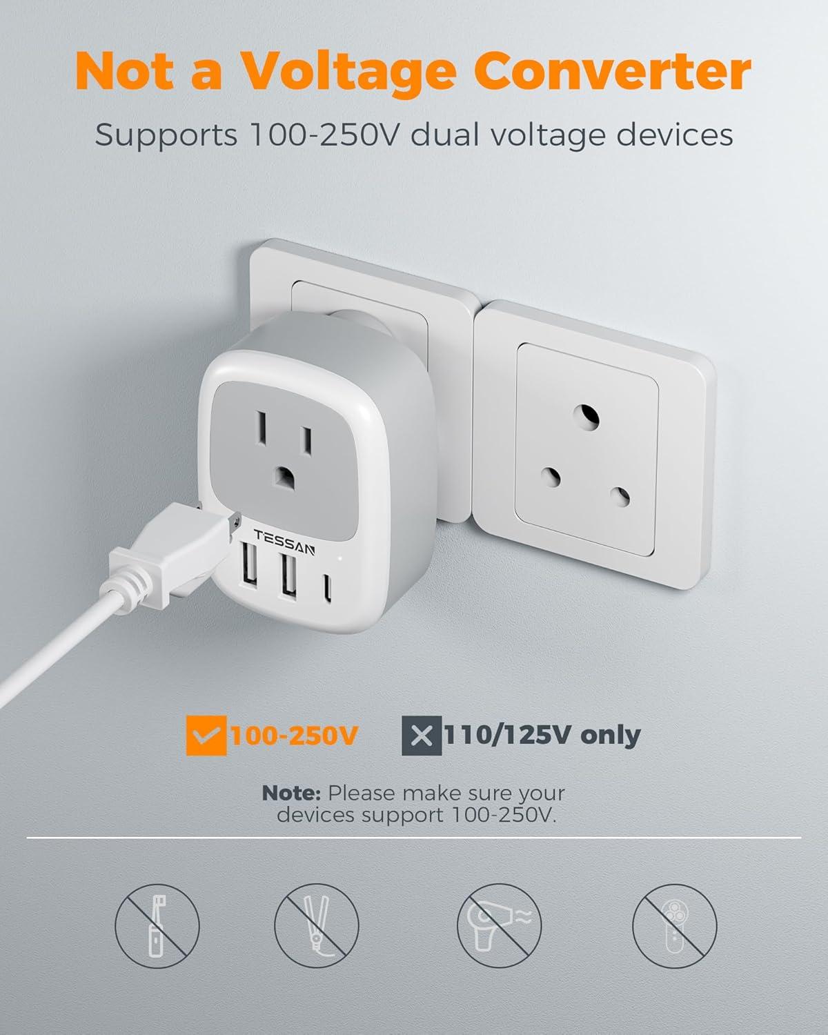 imageUS to India Plug Adapter 3 Pack TESSAN Type D Travel Adapter with 3 USB Ports 1 USB C Power Adaptor for US to India Nepal Maldives Pakistan Bangladesh Sri Lanka Bhutan YemenGreyWhiteType D