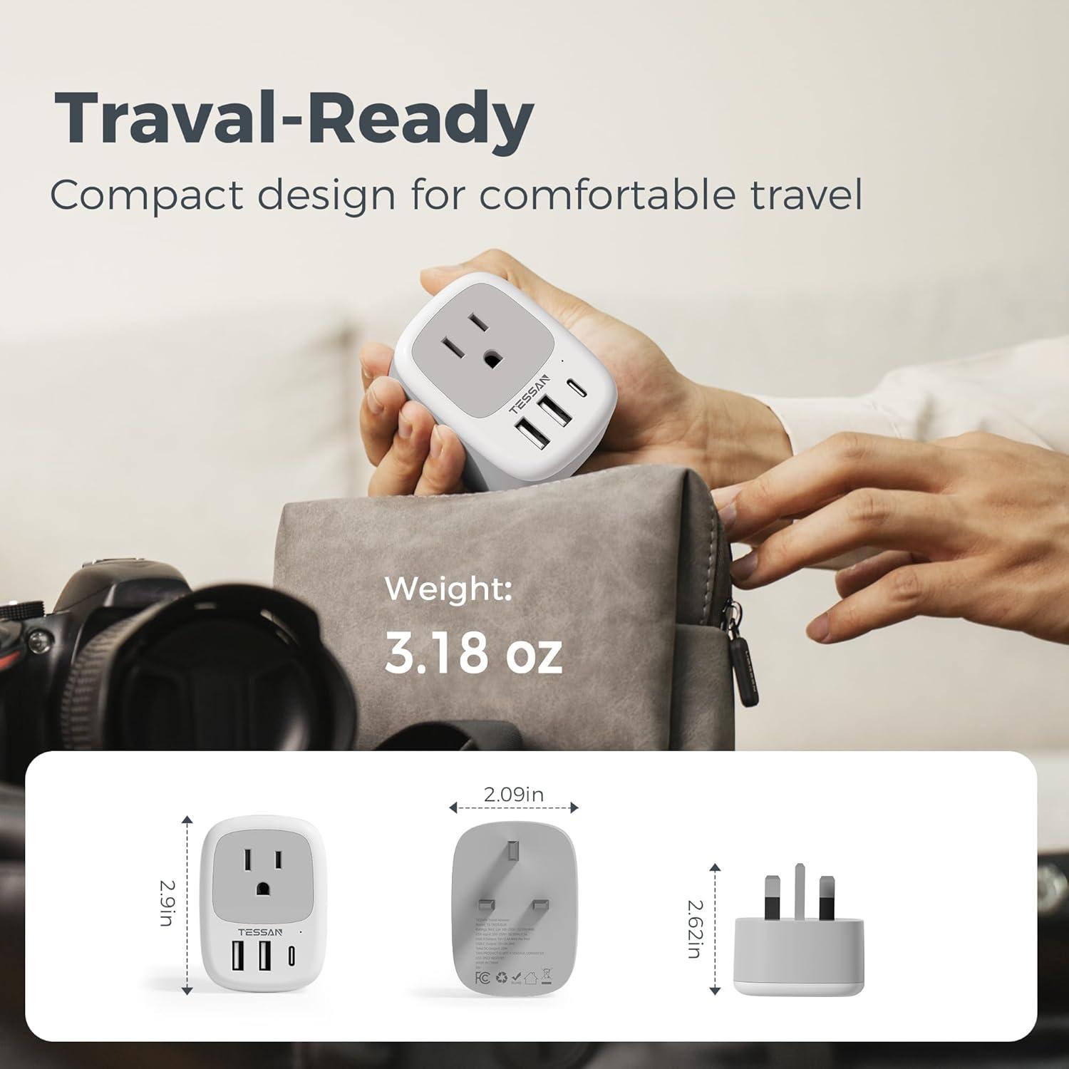 imageUS to India Plug Adapter 3 Pack TESSAN Type D Travel Adapter with 3 USB Ports 1 USB C Power Adaptor for US to India Nepal Maldives Pakistan Bangladesh Sri Lanka Bhutan YemenWhiteGreyType G