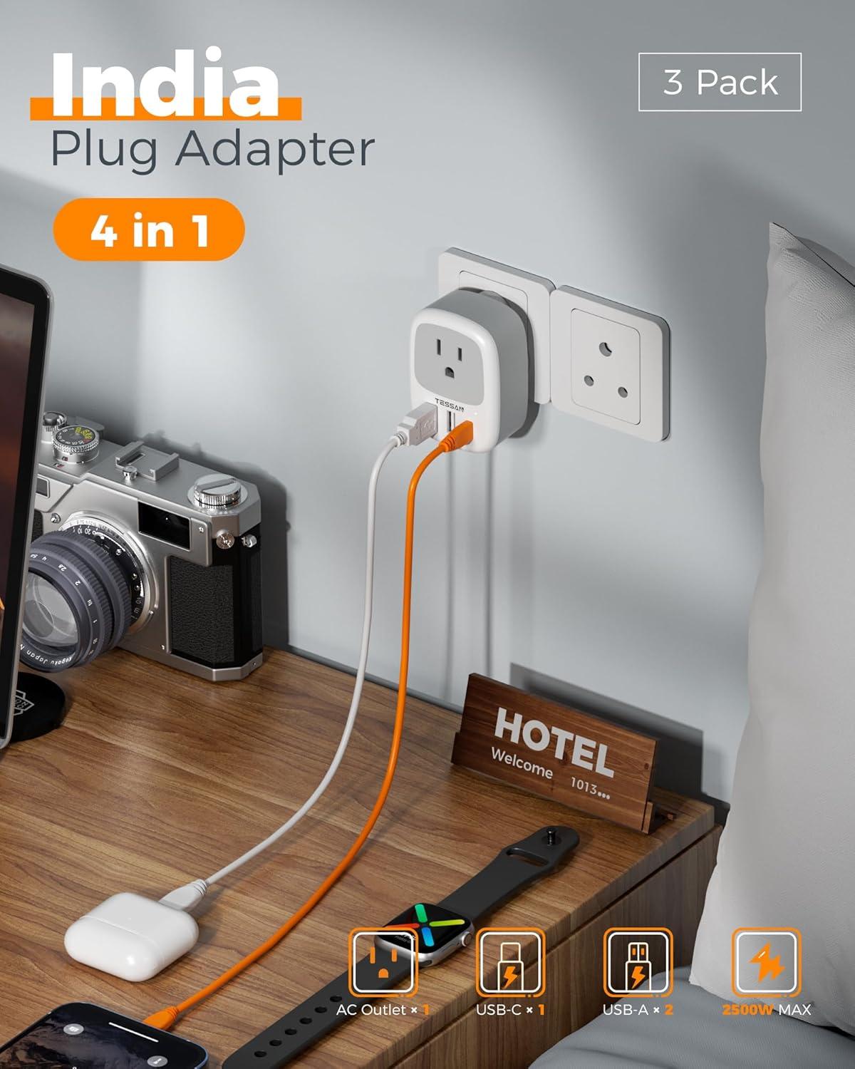 imageUS to India Plug Adapter 3 Pack TESSAN Type D Travel Adapter with 3 USB Ports 1 USB C Power Adaptor for US to India Nepal Maldives Pakistan Bangladesh Sri Lanka Bhutan YemenGreyWhiteType D