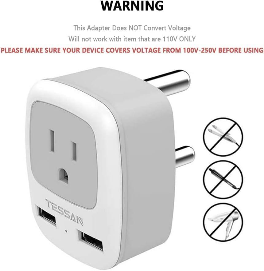 imageUS to India Plug Adapter 3 Pack TESSAN Type D Travel Adapter with 3 USB Ports 1 USB C Power Adaptor for US to India Nepal Maldives Pakistan Bangladesh Sri Lanka Bhutan YemenWhiteGreyType M