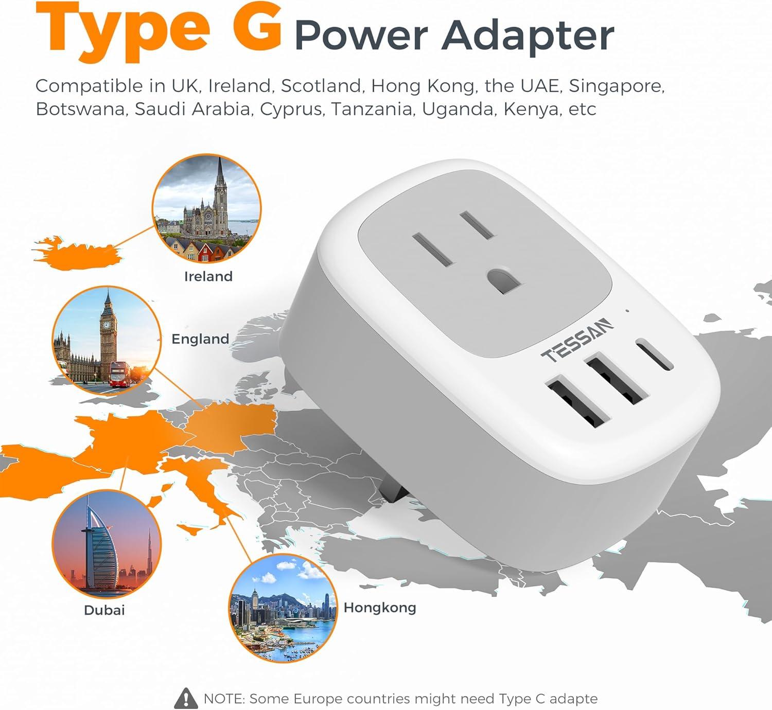 imageUS to India Plug Adapter 3 Pack TESSAN Type D Travel Adapter with 3 USB Ports 1 USB C Power Adaptor for US to India Nepal Maldives Pakistan Bangladesh Sri Lanka Bhutan YemenWhiteGreyType G