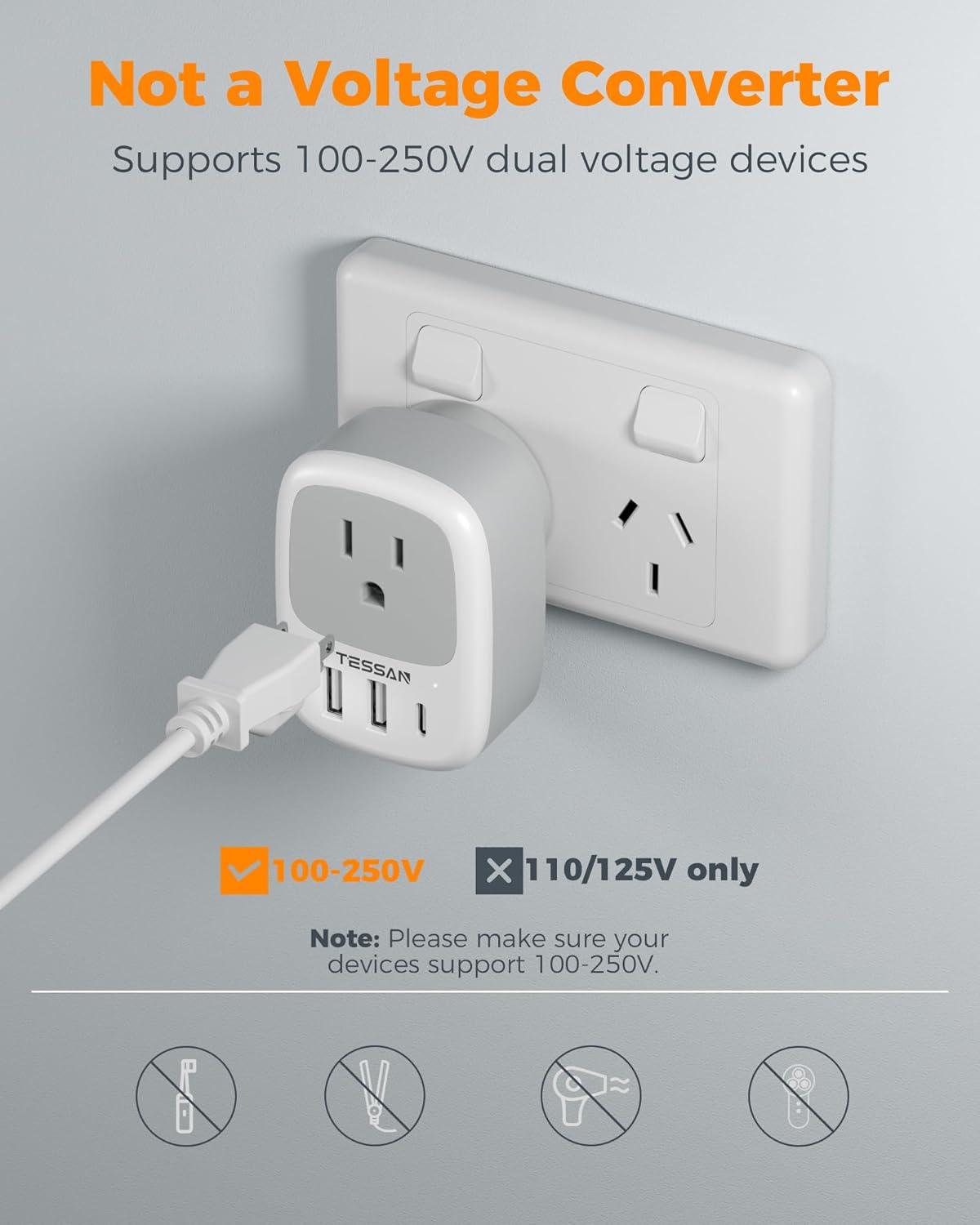 imageUS to India Plug Adapter 3 Pack TESSAN Type D Travel Adapter with 3 USB Ports 1 USB C Power Adaptor for US to India Nepal Maldives Pakistan Bangladesh Sri Lanka Bhutan YemenGreyWhiteType l