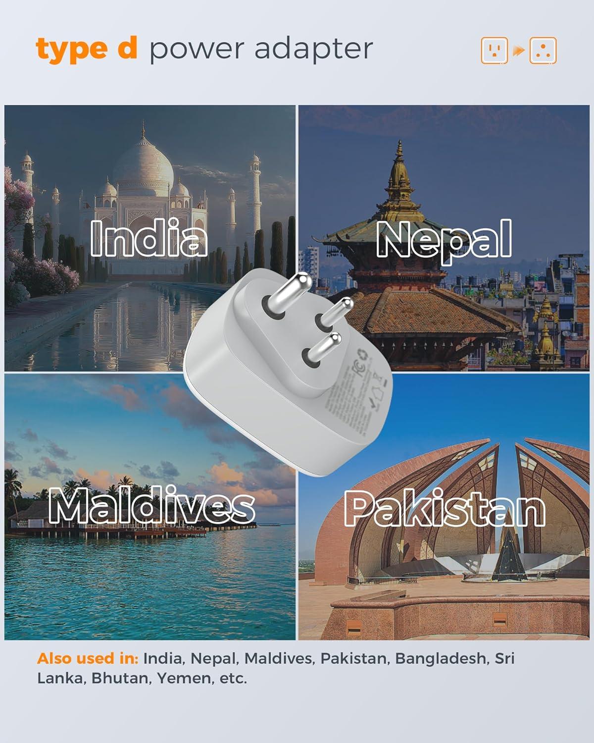 imageUS to India Plug Adapter 3 Pack TESSAN Type D Travel Adapter with 3 USB Ports 1 USB C Power Adaptor for US to India Nepal Maldives Pakistan Bangladesh Sri Lanka Bhutan YemenGreyWhiteType D