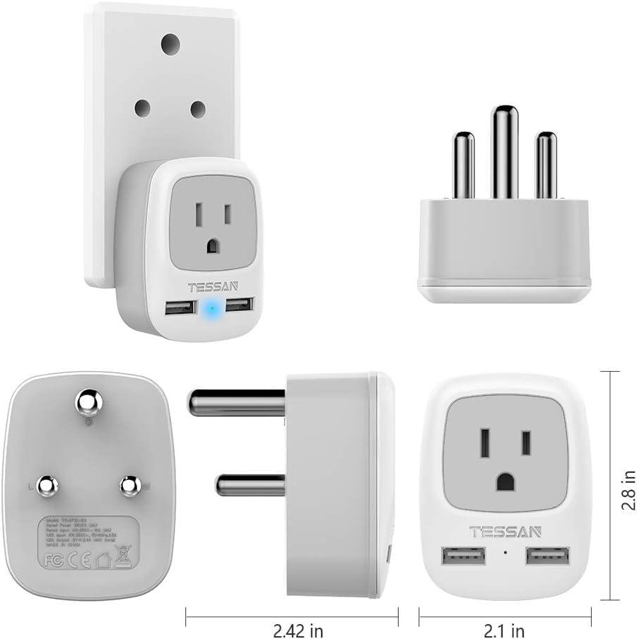 imageUS to India Plug Adapter 3 Pack TESSAN Type D Travel Adapter with 3 USB Ports 1 USB C Power Adaptor for US to India Nepal Maldives Pakistan Bangladesh Sri Lanka Bhutan YemenWhiteGreyType M