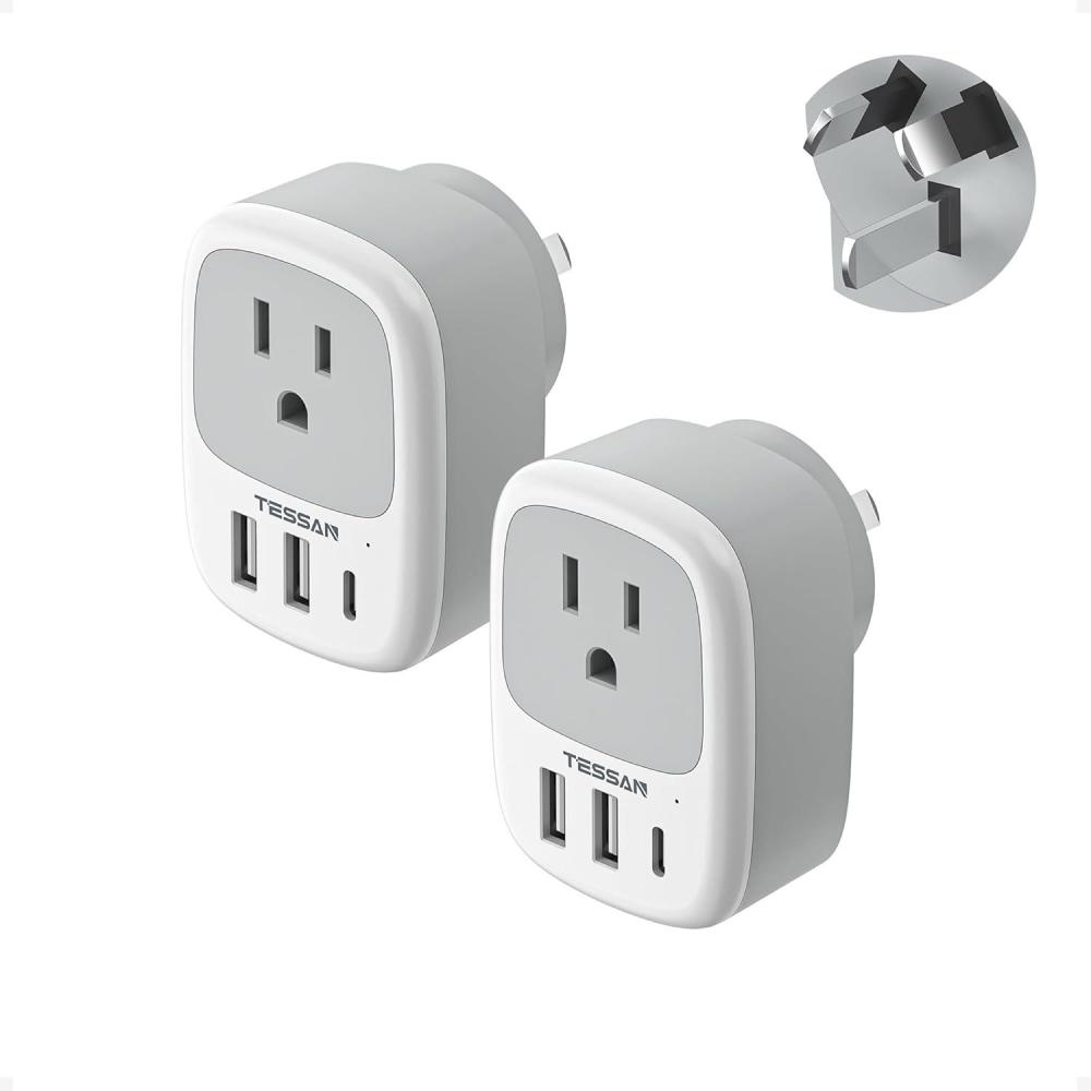 image2 Pack New Zealand Power Adapter TESSAN US to Australia Plug Adapter with 1 Electrical Outlet 3 USB Ports 1 USB C Type I Travel Outlet Adaptor for USA to Australian Argentina China Fiji AUwhite grey  Type I
